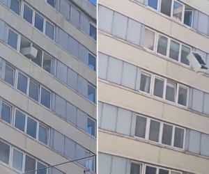 Lodówka spadła z 9. piętra. Nagranie z Trzonolinowca podbija sieć