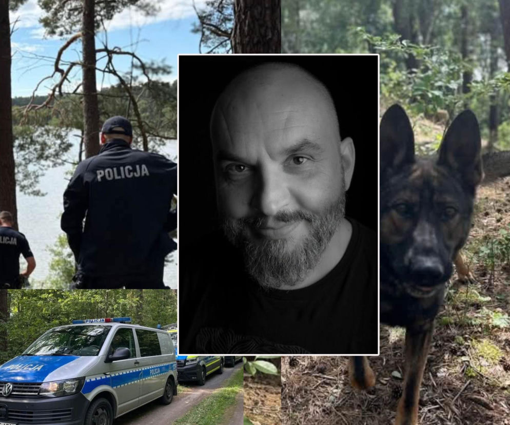 Portret zaginionego Witolda Płóciennika. Obok zdjęcia policjantów, radiowozu i psa tropiącego. Więcej na SE.