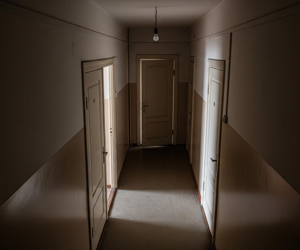 Długi, wąski korytarz rozciąga się w głąb obrazu, z dwiema ścianami po bokach i sufitem. Ściany są dwukolorowe: górna część jest jasno beżowa, a dolna ciemniejsza, brązowo-beżowa, oddzielone wyraźną, prostą linią. Na suficie w centralnej części wisi pojedyncza, świecąca żarówka, emitująca światło. Po obu stronach korytarza widoczne są drzwi: po lewej stronie, bliżej obserwatora, drzwi są lekko uchylone, z wyraźnym prześwitem jasno oświetlonego pomieszczenia, a dalej, w perspektywie, kolejne uchylone drzwi. Po prawej stronie widać zamknięte, jasne drzwi z ciemną klamką, a bliżej końca korytarza kolejne zamknięte drzwi. Podłoga korytarza pokryta jest jasnoszarym dywanem lub wykładziną, oświetlonym smugami światła padającymi z uchylonych drzwi.
