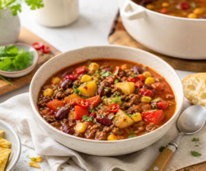 Cowboy soup, czyli kowbojska zupa na cały obiad. Mielone mięso, fasola, kukurydza i ziemniaki w jednym garnku