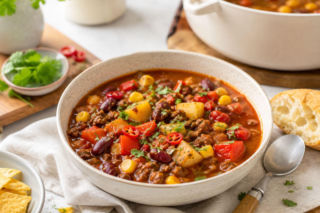 Cowboy soup, czyli kowbojska zupa na cały obiad. Mielone mięso, fasola, kukurydza i ziemniaki w jednym garnku