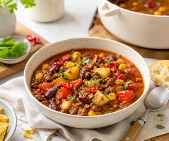 Cowboy soup, czyli kowbojska zupa na cały obiad. Mielone mięso, fasola, kukurydza i ziemniaki w jednym garnku