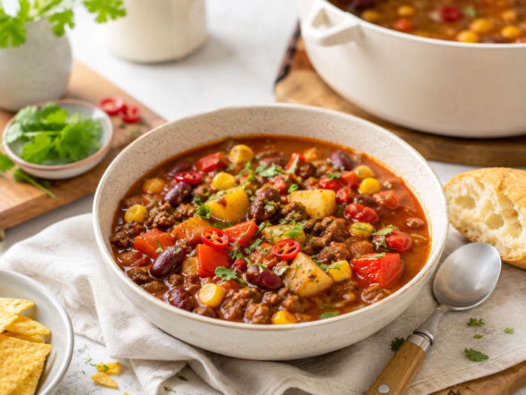 Cowboy soup, czyli kowbojska zupa na cały obiad. Mielone mięso, fasola, kukurydza i ziemniaki w jednym garnku