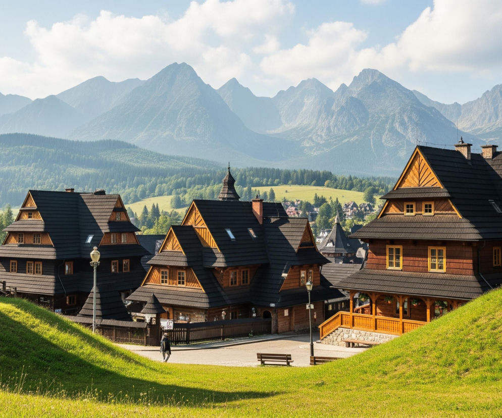 Na obrazie dominują tradycyjne drewniane domy z ciemnymi, spadzistymi dachami pokrytymi gontem, rozmieszczone wśród zielonych wzgórz. Fasadki domów są w odcieniach brązu, a okna mają jasne ramy, niektóre z nich są małe i prostokątne. W tle wznoszą się majestatyczne, szare góry, częściowo przysłonięte lekką mgiełką, a poniżej nich rozciąga się zielony las i rozległe łąki. Na pierwszym planie widać trawiaste pagórki, a między domami brukowaną ścieżkę, po której idzie pojedyncza postać w ciemnej kurtce i jasnych spodniach.