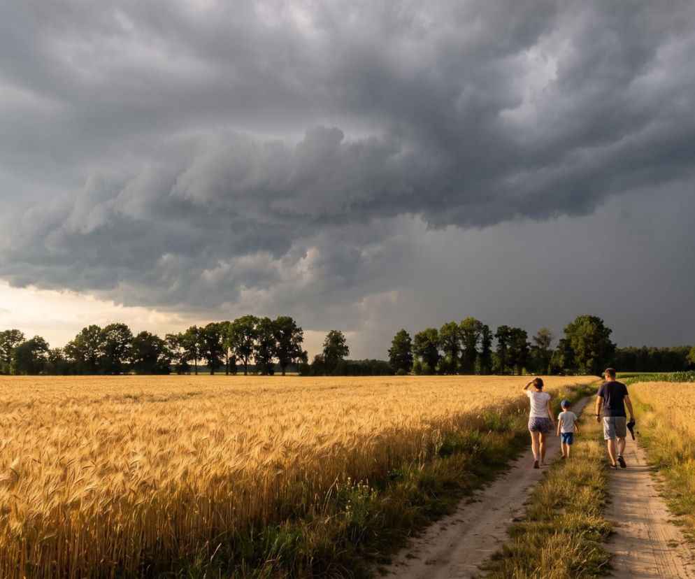 Rodzina idąca drogą przez pole w stronę burzowych chmur. O nagłej zmianie aury w Polsce przeczytasz w serwisie Eska.