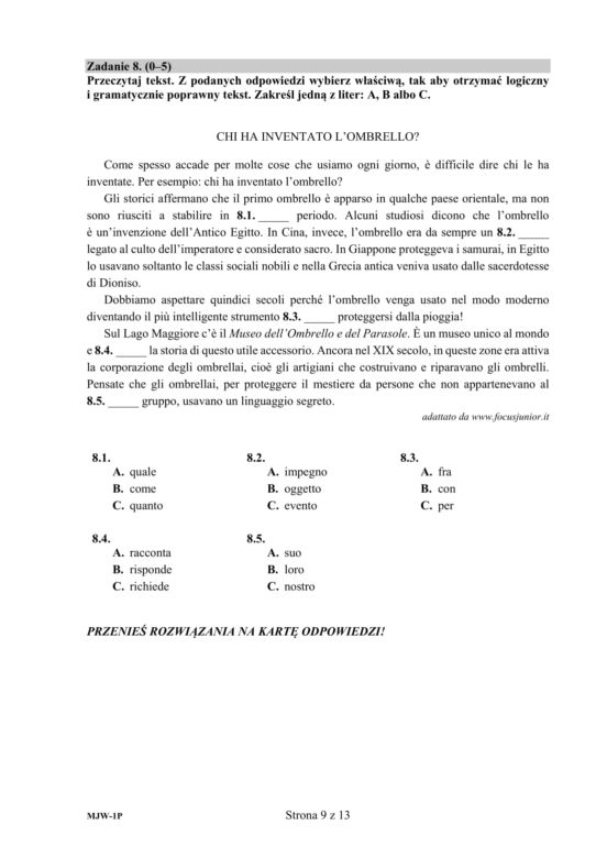 ARKUSZE CKE - Matura j. włoski - poziom podstawowy 2019