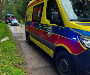 Groźny wypadek na leśnym odcinku drogi. Karetka rozbiła się między Stykowem a Kałkowem
