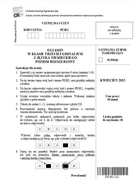 EGZAMIN GIMNAZJALNY 2013 JĘZYK NIEMIECKI rozszerzony