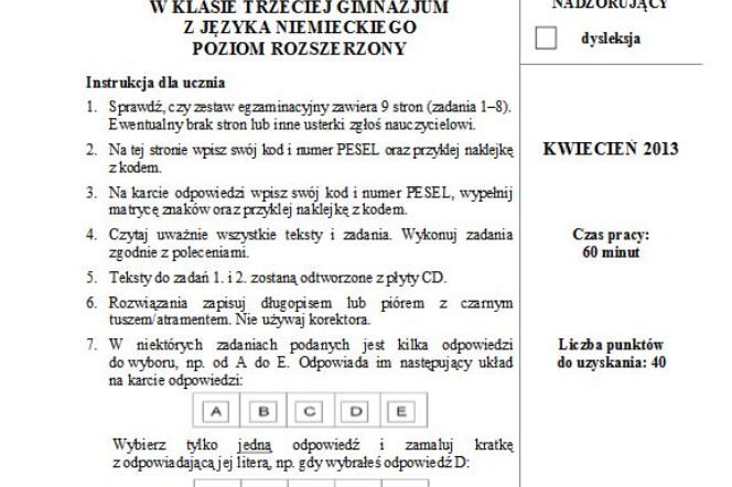 EGZAMIN GIMNAZJALNY 2013 JĘZYK NIEMIECKI rozszerzony