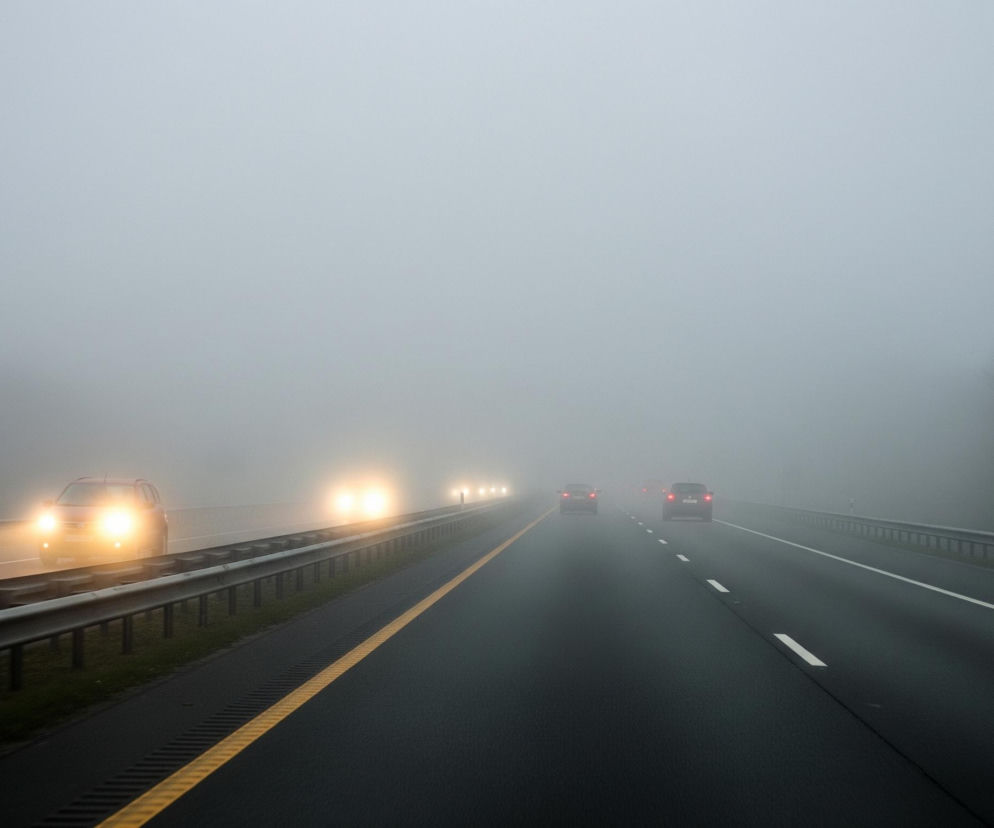 Autostrada biegnie prosto przez gęstą mgłę, która ogranicza widoczność do kilku metrów. Na jezdni widoczne są cztery samochody: dwa jadące z naprzeciwka z włączonymi jasnymi światłami przednimi, oraz dwa jadące w tym samym kierunku, widoczne tylko przez czerwone światła tylne. Droga jest zaznaczona białymi przerywanymi liniami oraz pojedynczą, ciągłą żółtą linią z lewej strony, oddzielającą pas ruchu od metalowej barierki.
