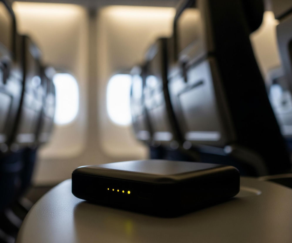 Na pierwszym planie, z prawej strony, na beżowym stoliku widoczny jest czarny, prostokątny gadżet z pięcioma świecącymi na żółto kropkami. Urządzenie ma zaokrąglone krawędzie i matowe wykończenie. Za nim, w rzędach, widać ciemne fotele samolotowe, rozciągające się w głąb kabiny. Po lewej i prawej stronie rzędów siedzeń znajdują się okna samolotu, przez które wpada jasne, rozmyte światło, a na suficie kabiny widoczne są subtelne linie oświetlenia.