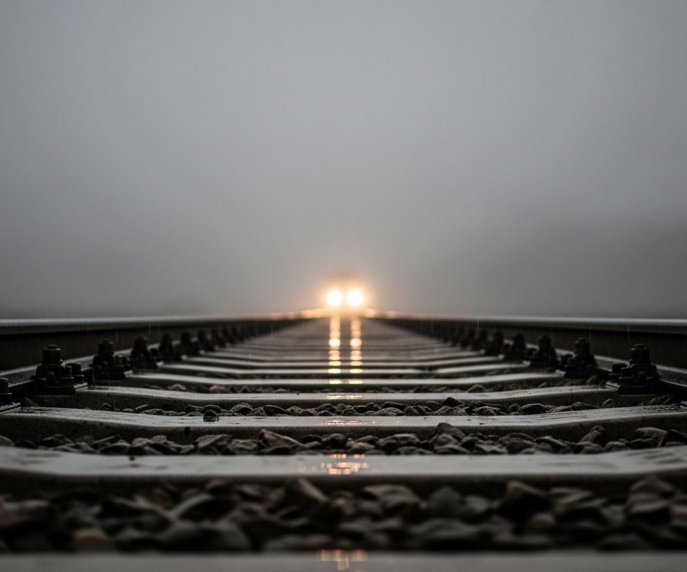 Tor kolejowy biegnie przez środek kadru, zbiegając się w dalekim punkcie na horyzoncie. Szyny są ciemne, a podkłady betonowe, między którymi widać kamienie tłucznia. Na horyzoncie widoczne są dwa jasne, pomarańczowo-żółte światła, prawdopodobnie reflektory pociągu, których blask odbija się w mokrych szynach i kałużach na torach. Niebo jest pochmurne, w szarych odcieniach, z lekkim gradientem jaśniejszego odcienia w górnej części.