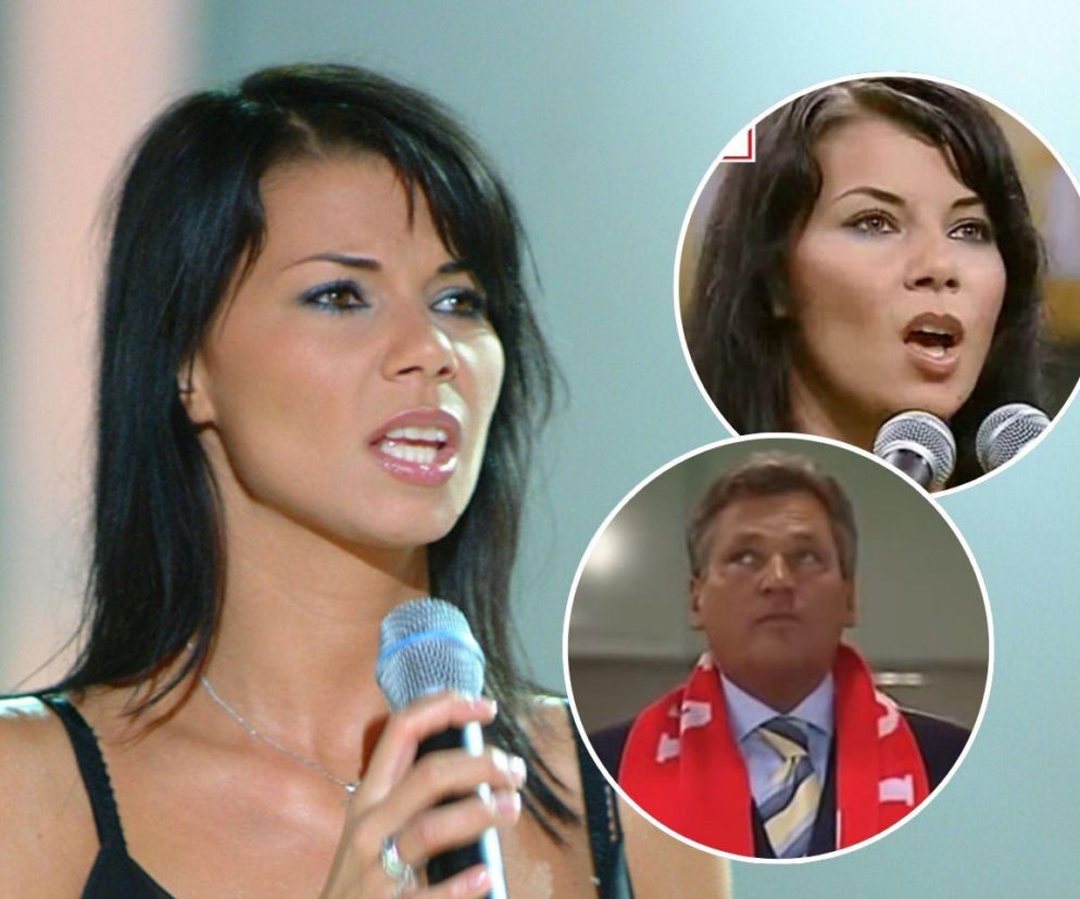 Edyta Górniak śpiewa do mikrofonu. Na miniaturach piosenkarka i Aleksander Kwaśniewski. O hymnie na SE.
