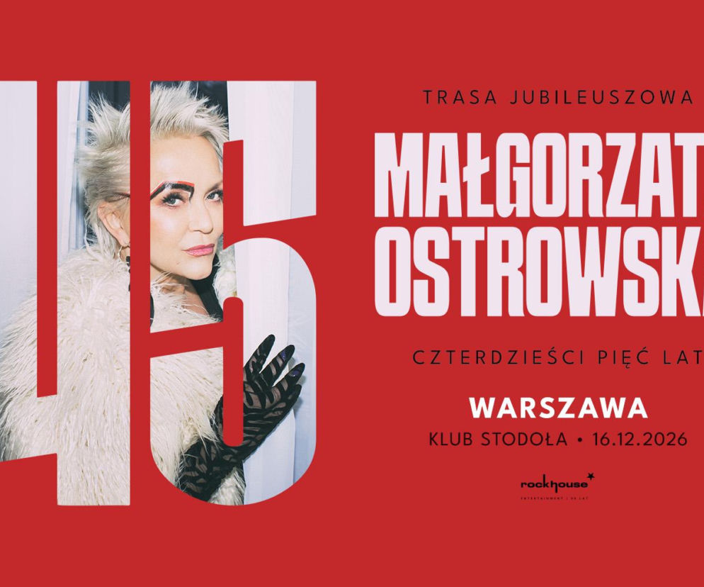 Plakat jubileuszowy Małgorzaty Ostrowskiej na czerwonym tle. O jej trasie na 45-lecie przeczytasz na EskaRock.