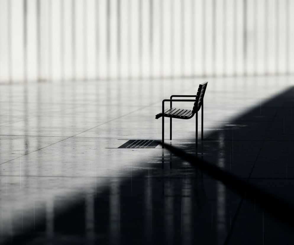 Ciemne metalowe krzesło z podłokietnikami ustawione jest w lewą stronę, rzucając wydłużony, prostokątny cień na posadzkę, która jest mokra od deszczu, co widać po odbiciach i pionowych, białych smugach kropli. Tło stanowią pionowe, jasne panele lub paski o niewyraźnych krawędziach, tworzące efekt rozmycia, a dolna część posadzki po prawej stronie zdjęcia jest pogrążona w ciemności.