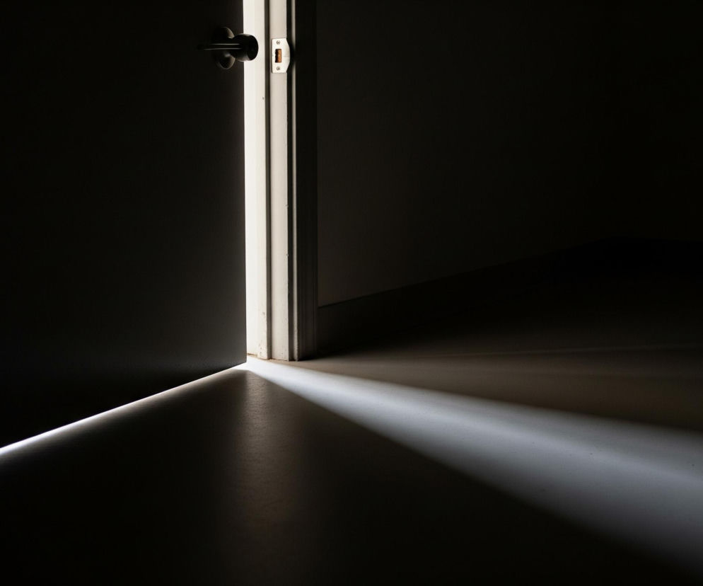 Pionowa szczelina światła, rozszerzająca się w trójkątny snop na podłodze, przełamuje całkowitą ciemność po lewej stronie obrazu. Jasne, pionowe pasmo światła wydostaje się zza uchylonych drzwi, widocznych z boku, ukazując czarną, okrągłą klamkę i metalową płytkę zamka. Snop światła rozchodzi się w prawą stronę, rzucając cień na gładką, jasną powierzchnię podłogi. Dalsza część pomieszczenia, widoczna za otwartymi drzwiami, oraz cała przestrzeń po prawej stronie podłogi, toną w głębokim cieniu.