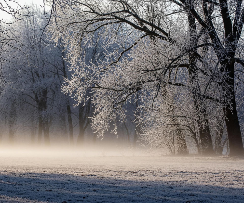Scena przedstawia zimowy krajobraz z polaną i lasem na tle mgły. Dominują ciemne, nagie gałęzie drzew, pokryte szronem, które kontrastują z jaśniejszym, rozproszonym tłem nieba. Dolna część obrazu to trawiasta polana, również pokryta szronem, z widocznymi cieniami rzucanymi przez drzewa. Na środku kadru, nad polaną, unosi się złocista mgła, która rozmywa tło i tworzy efektowny pas światła.