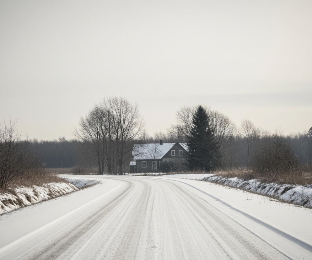 Zasypana śniegiem droga biegnie zakrętami w oddali, prowadząc do domu po lewej stronie kadru, z ciemnym dachem i białymi oknami. Otoczona jest ona po obu stronach ośnieżonymi polami i nagimi drzewami o brązowych gałęziach. W tle dominuje ciemnozielony las, a nad całością rozciąga się jasnoszare, bezchmurne niebo.