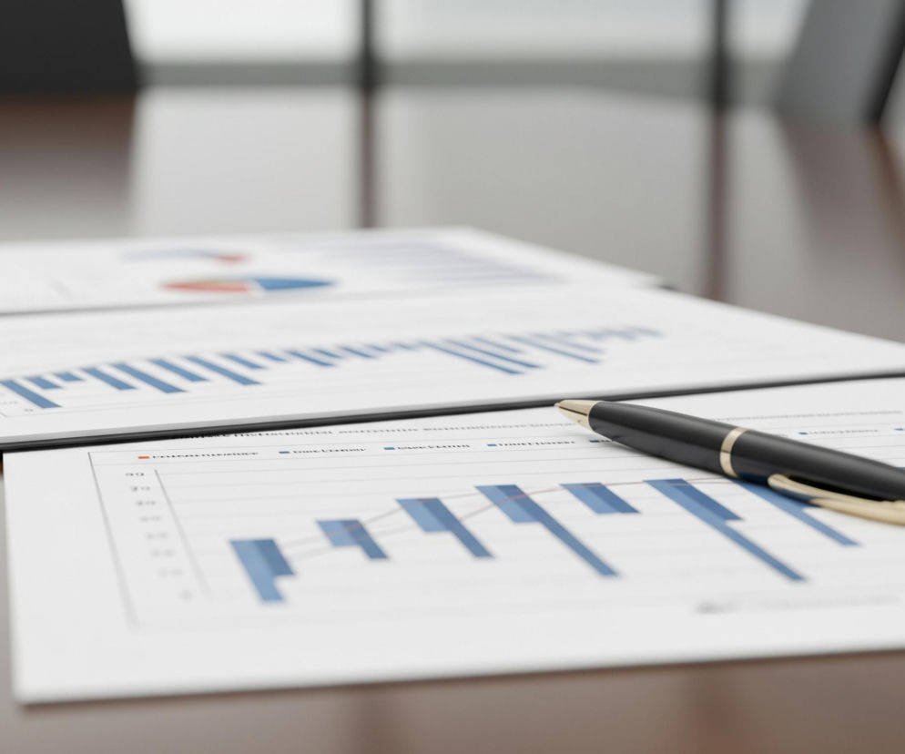 Na brązowym, błyszczącym stole leżą trzy białe dokumenty z niebieskimi wykresami słupkowymi i kołowymi, ułożone w lewym dolnym rogu. Na najbliższym dokumencie leży czarny długopis ze złotymi elementami. Tło jest rozmyte, ukazując jaśniejsze i ciemniejsze obszary, prawdopodobnie okna i meble.