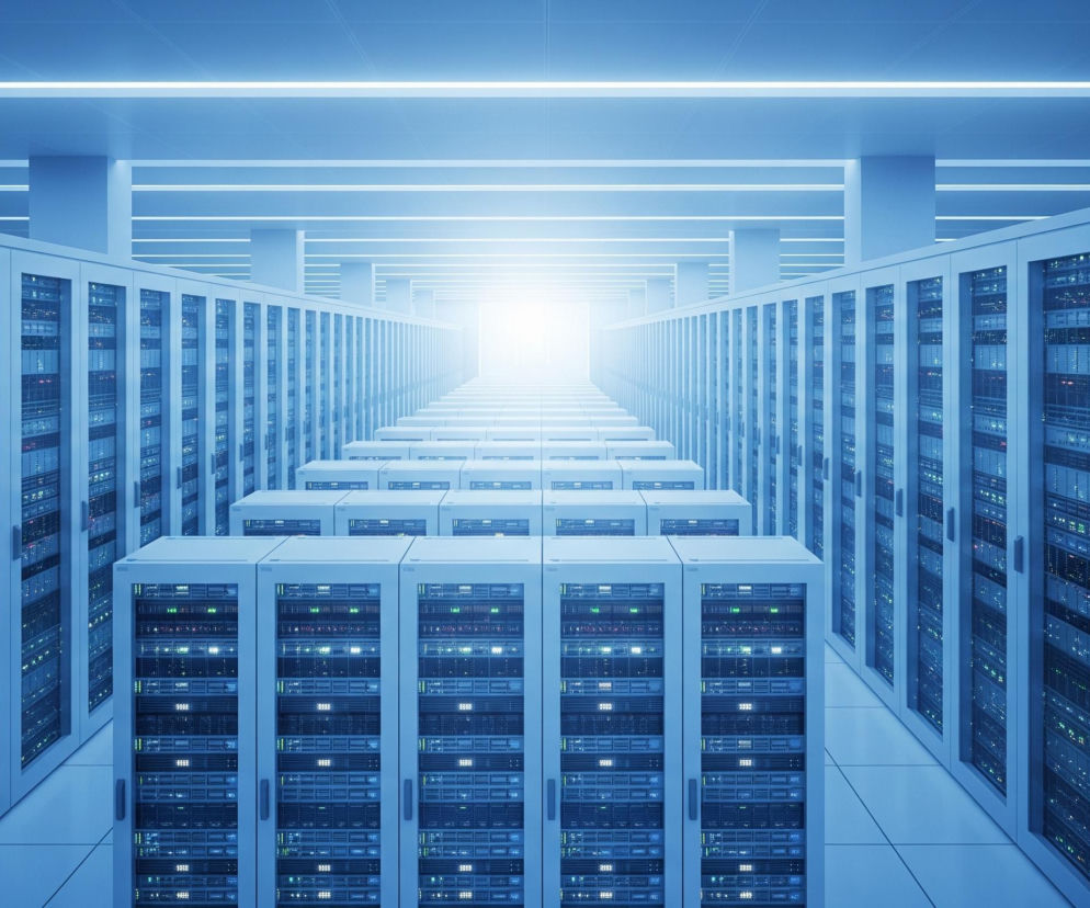 Długa perspektywa ukazuje szeregi serwerów w centrum danych, wypełniające przestrzeń od lewej do prawej, zbiegające się w odległym, jasnym punkcie. Dominują odcienie niebieskiego i bieli, z wyraźnym światłem emanującym z końca korytarza. Szafy serwerowe po obu stronach zawierają liczne, świecące diody i wskaźniki w kolorach zielonym, niebieskim i czerwonym, sygnalizujące aktywność. Sufit ozdobiony jest równoległymi liniami świetlnymi, podkreślającymi wrażenie głębi i nowoczesności.