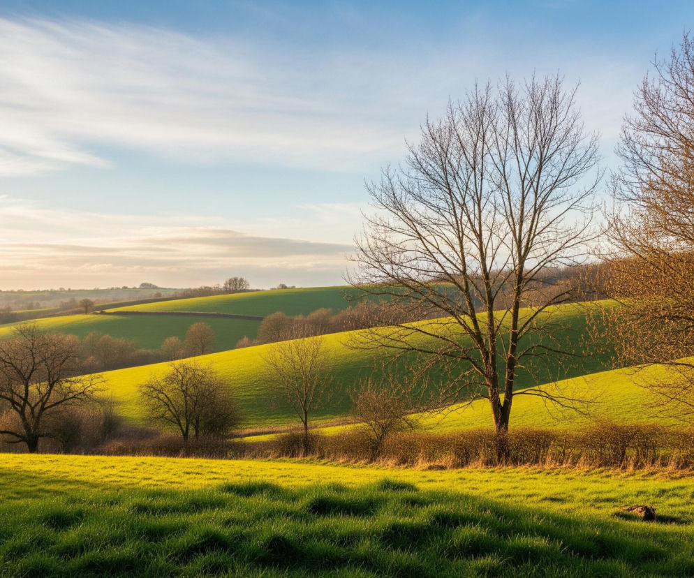 Horyzontalna fotografia przedstawia falisty, zielony krajobraz wiejski oświetlony ciepłym, bocznym światłem. Na pierwszym planie widoczne jest intensywnie zielone pole trawy, na którym cień rzucają bezlistne drzewa. W centralnej części obrazu znajduje się rozłożyste, bezlistne drzewo, otoczone niższymi krzewami. W tle rozciągają się kolejne zielone wzgórza, częściowo zacienione, z dalszymi drzewami i zalesieniami na horyzoncie. Niebo na górze kadru jest błękitne, przechodzące w jaśniejsze, złociste odcienie bliżej horyzontu, z widocznymi rozproszonymi, białymi chmurami.