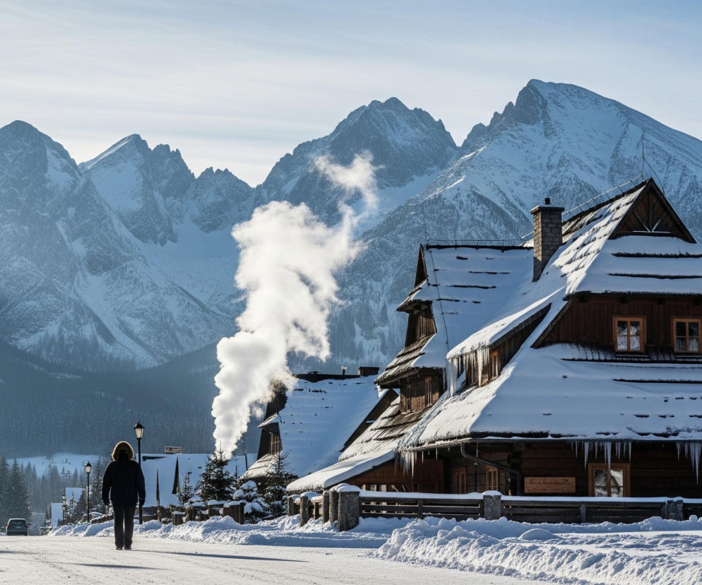 Ośnieżony krajobraz górski z rzędem drewnianych domów po prawej stronie dominuje w kadrze. Nad ciemnobrązowymi budynkami z dwuspadowymi dachami pokrytymi grubą warstwą białego śniegu i zwisającymi soplami, wznoszą się potężne, ośnieżone szczyty górskie, blednące w oddali w odcieniach błękitu i szarości. Z jednego z kominów unosi się gęsty, biały dym, tworząc pionową kolumnę na tle błękitnego, zimowego nieba. Po lewej stronie, na ośnieżonej drodze, samotna postać w ciemnej kurtce z kapturem obszytym futrem idzie odwrócona plecami do widza.