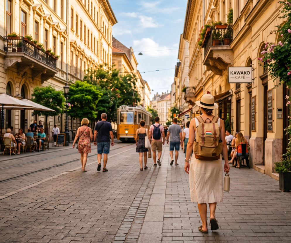 Turystka idzie ulicą Budapesztu obok żółtego tramwaju. O pamiątkach ze stolicy Węgier przeczytasz na PoradyPlus.