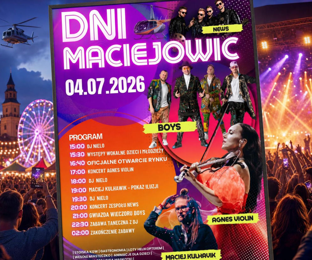 Plakat Dni Maciejowic z programem na tle tłumu pod sceną. O koncercie zespołu Boys przeczytasz na VOX FM.