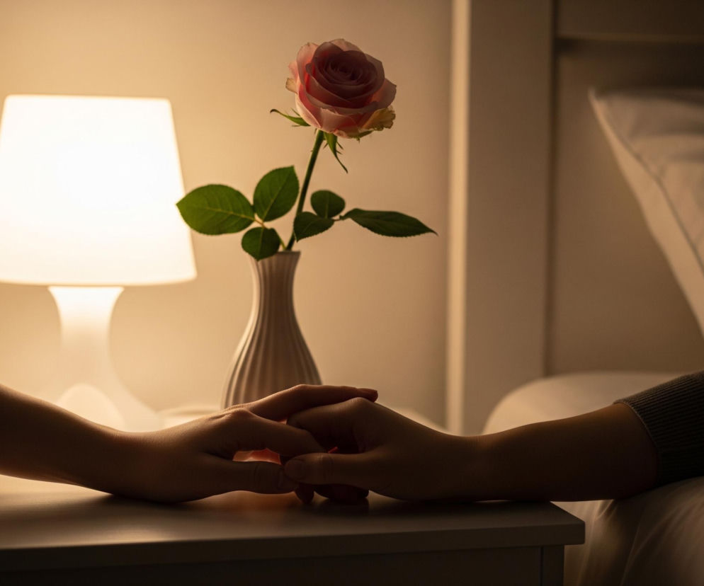 Dwie dłonie spoczywają na białej powierzchni, najprawdopodobniej stoliku nocnym, dotykając się palcami. Na stoliku po lewej stronie znajduje się lampka nocna z białym kloszem, emitująca ciepłe, żółte światło, a po prawej wazon z jedną różową różą o zielonych liściach. Tło jest ciemne, z ledwo widocznym fragmentem białej pościeli i poduszki po prawej stronie. Ogólna atmosfera jest intymna i słabo oświetlona.