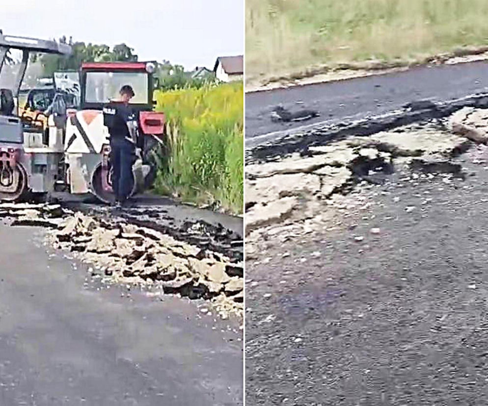 Ciągnik z pługiem i walec na zniszczonej drodze w Gliwicach. Obok policjant. O sprawie rolnika przeczytasz na SE.