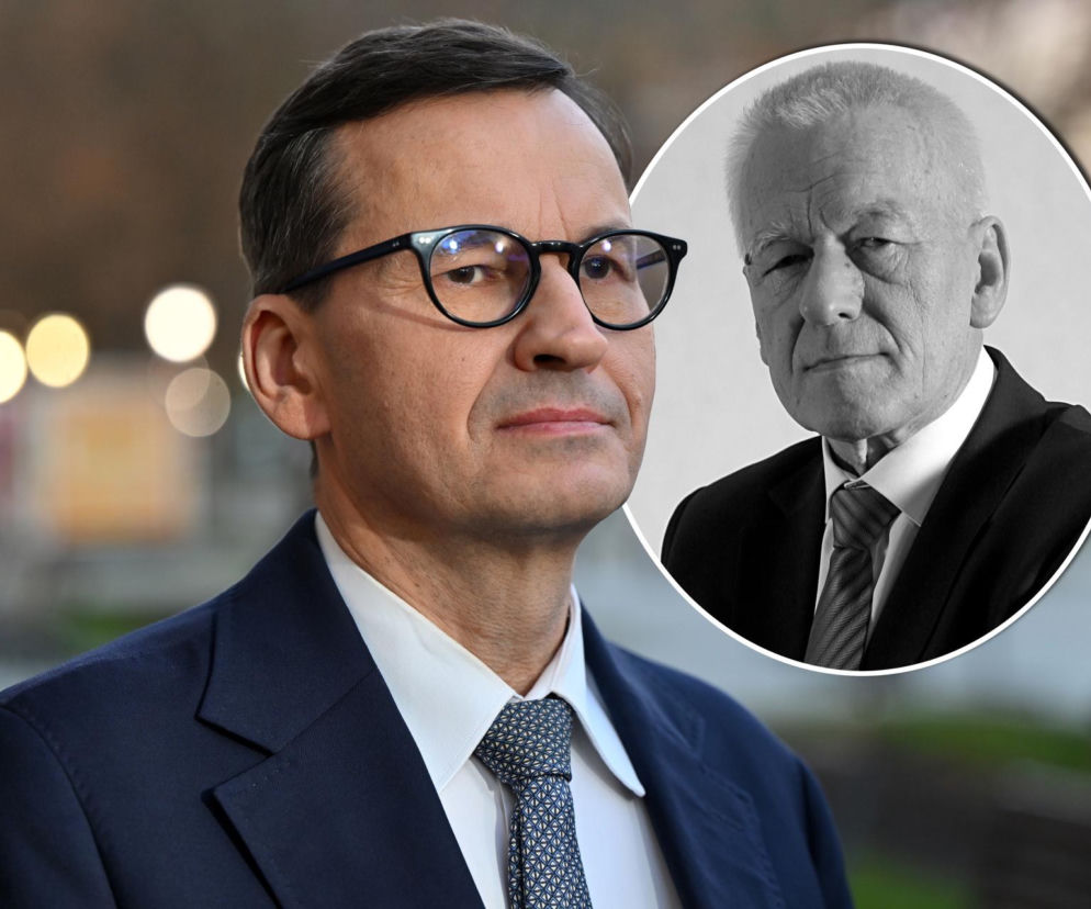 Mateusz Morawiecki. Na miniaturze czarno-białe zdjęcie Kornela Morawieckiego. O rocznicy śmierci pisze portal SE.