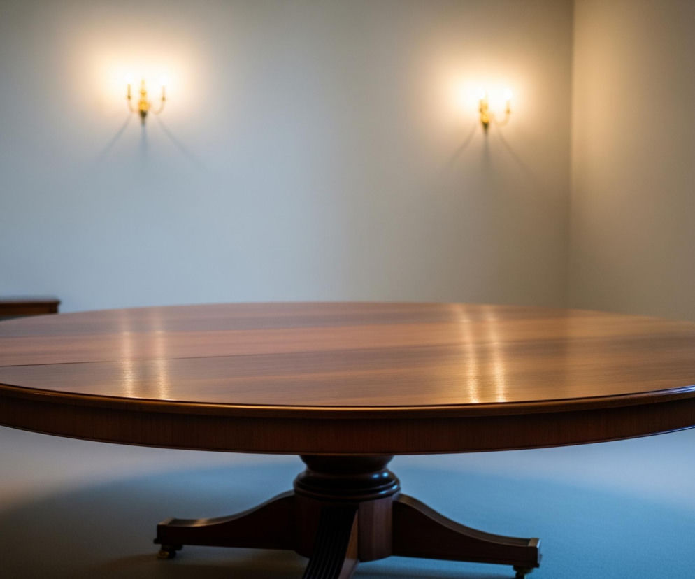 W centrum kadru znajduje się duży, okrągły, drewniany stół z połyskującym blatem w odcieniu brązu, wsparty na solidnej, rzeźbionej nodze. Pokój ma jasnoszare ściany, na których wiszą dwa złote kinkiety z płonącymi żarówkami, rzucającymi ciepłe światło i wyraźne cienie. W tle po lewej stronie widoczne są ciemne, drewniane drzwi, a po prawej stronie znajduje się wysokie okno z białymi, składanymi okiennicami, częściowo otwarte na zewnątrz. Podłoga jest pokryta dywanem w szarym kolorze, a w prawym dolnym rogu widoczny jest fragment białego grzejnika.