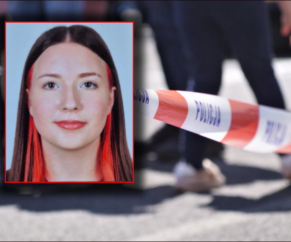 Biało-czerwona taśma policyjna. Na miniaturze obok zaginiona Laura Rosińska. O poszukiwaniach informuje Eska Poznań.