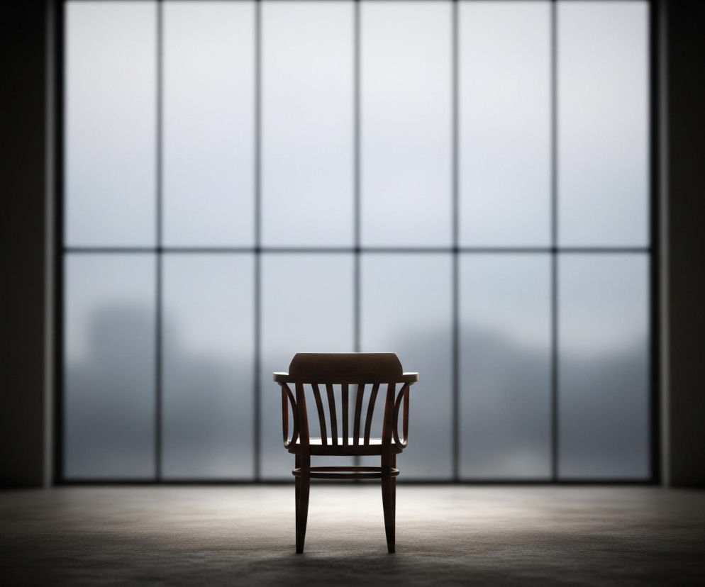 Centralnie na zdjęciu stoi pojedyncze, drewniane krzesło w ciemnobrązowym kolorze, widziane od tyłu. Krzesło ma pionowe szczebelki w oparciu i wygięte, zaokrąglone ramiona, a jego krawędzie są delikatnie podświetlone. Krzesło jest ustawione na ciemnym, teksturowanym podłożu, które wydaje się być dywanem lub wykładziną, delikatnie oświetlonym od przodu i góry. Za krzesłem dominuje duże, prostokątne okno z wieloma pionowymi i poziomymi szprosami, tworzącymi prostą siatkę; szyby są matowe, rozpraszając światło i ukazując niewyraźne, szare kształty tła. Ciemne ściany po obu stronach okna oraz u góry i u dołu kadru, kontrastują z jasnym obszarem okna, tworząc wyraźne cienie i skupiając uwagę na krześle i świetle zza niego.