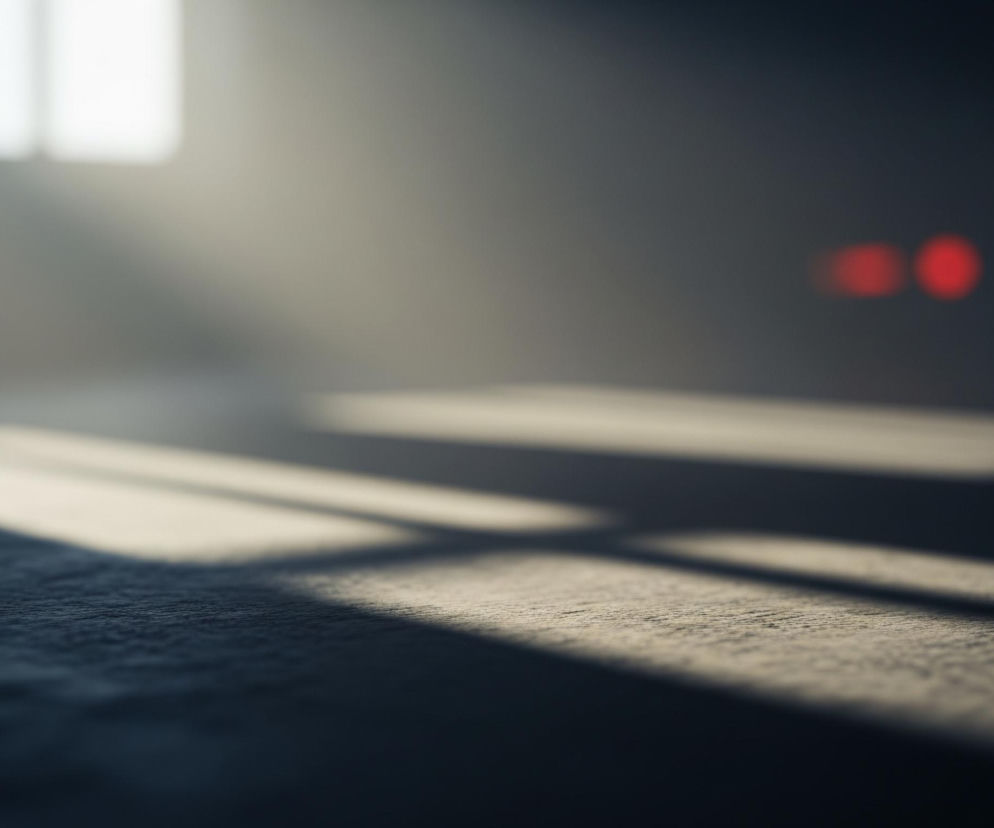 Szary, lekko chropowaty cementowy podłoga wypełnia większą część kadru. Na niej padają wyraźne smugi światła i cienie, tworzące kontrastowe paski. W tle widać dwa jasne, rozmyte prostokąty, przypominające okna, przez które wpada światło. Po prawej stronie, w oddali, znajdują się dwa rozmyte okręgi światła: czerwony i niebieski. Cała scena jest utrzymana w ciemnych, stonowanych barwach.