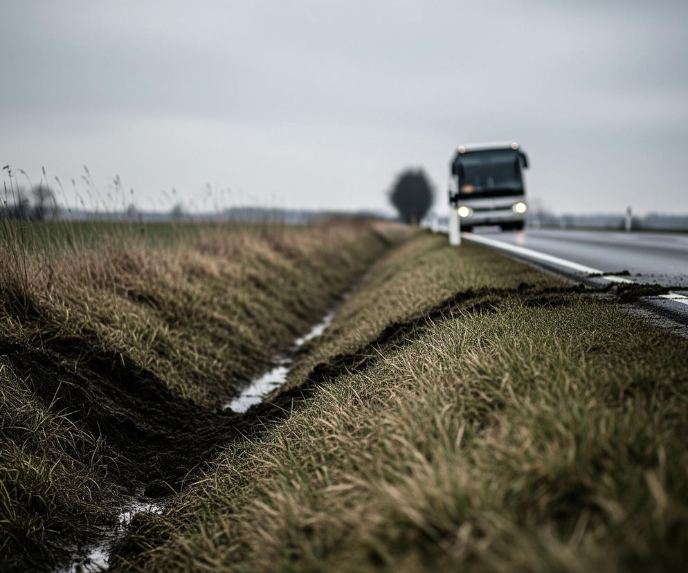 Na pierwszym planie, z lewej strony, widoczny jest rów melioracyjny częściowo wypełniony wodą, otoczony suchą, brązowo-zieloną trawą i ciemną ziemią. Dalej na prawo rozciąga się pasmo tej samej trawy, oddzielające rów od ciemnej asfaltowej drogi z białymi pasami. Na drodze, w oddali, jedzie jasny autobus z włączonymi światłami, a za nim widać niewyraźne drzewa i ciemny, pochmurny horyzont.