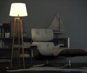 Lampa podłogowa osadzona na trzech cienkich nogach