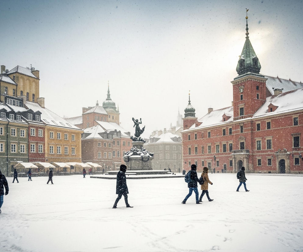 Zasypany śniegiem plac miejski jest otoczony zabytkowymi budynkami, w tym dużym, ceglastym zamkiem z zielonymi spiczastymi dachami po prawej stronie i wielokolorowymi kamienicami po lewej. W centrum placu znajduje się ciemna, kamienna kolumna z rzeźbioną figurą na szczycie. Po całym placu przechadza się kilkanaście osób ubranych w grube, zimowe kurtki i płaszcze, pozostawiając ślady stóp na świeżym śniegu, który intensywnie pada, tworząc wrażenie gęstego, białego deszczu. Niebo jest jasne, ale zachmurzone, z delikatnym prześwitem słońca w prawym górnym rogu.