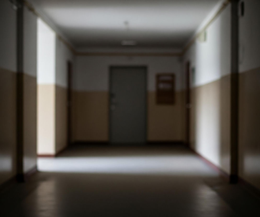 Długi, rozmazany korytarz, oświetlony naturalnym światłem z oddali. Ściany są dwukolorowe: górna część jest jasnożółta lub kremowa, a dolna, szersza część ma odcień beżu. Na końcu korytarza znajduje się zamknięte, szare drzwi i kawałek drewnianej tablicy ogłoszeń na prawej ścianie. Podłoga, ciemnoszara, odbija światło, tworząc jasny pas pośrodku.