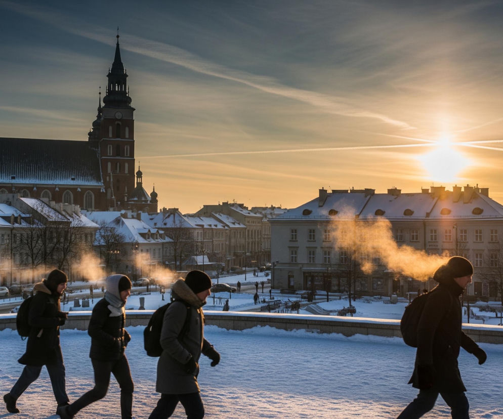 Pięć osób idzie z lewej do prawej strony po zaśnieżonej, równej powierzchni, stanowiącej pierwszy plan obrazu. Osoby te są ubrane w zimowe kurtki i czapki, a z ich ust wydobywają się kłęby pary, podświetlone przez słońce, które silnie świeci z prawej strony. W tle, za kamiennym murem, rozciąga się miejski krajobraz z historycznymi budynkami o zaśnieżonych dachach, wśród których dominuje duży, ceglany kościół z wysoką, strzelistą wieżą. Niebo na horyzoncie, od prawej do środka, ma intensywny, ciepły, pomarańczowo-żółty odcień, który stopniowo przechodzi w chłodny błękit w górnej lewej części obrazu, przecinany cienkimi smugami chmur.