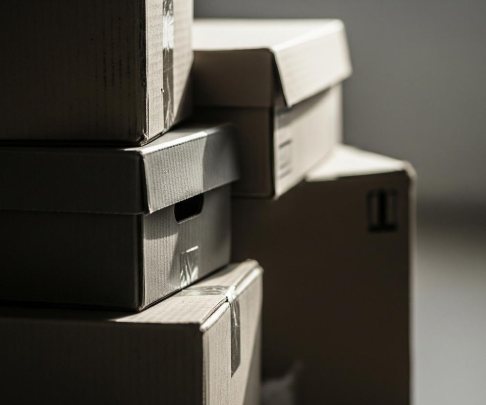 Na obrazie widoczne są stosy kartonowych pudeł, głównie w odcieniach brązu i beżu, oświetlone z lewej strony, co tworzy wyraźne cienie na ich powierzchniach i na tle. W centrum kadru znajduje się pionowy stos czterech pudeł, gdzie górne trzy są ostro zarysowane, a ostatnie częściowo zasłonięte i rozmazane. Po prawej stronie widać drugi, niższy stos pudeł, które są mniej ostre i sprawiają wrażenie oddalonych. Tło jest jasnoszare i nieostre, tworząc kontrast z ciemniejszymi pudłami na pierwszym planie.