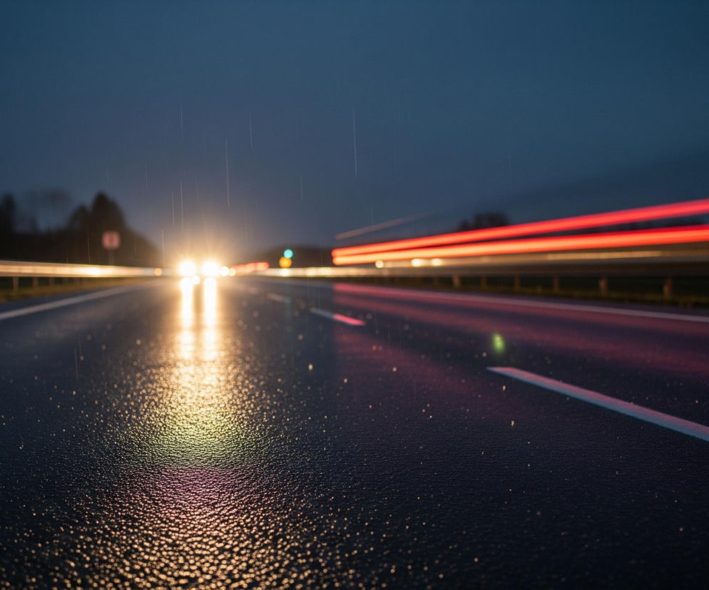 Ciemny asfalt drogi, pokryty drobnymi kroplami deszczu, rozciąga się od dołu obrazu, zlewając się z horyzontem w centrum. Jasne, rozmyte światła samochodów nadjeżdżających z naprzeciwka tworzą złocistą poświatę odbijającą się na mokrej nawierzchni, podczas gdy czerwone smugi świateł pozycyjnych oddalających się pojazdów biegną równolegle do prawej krawędzi obrazu. Po lewej stronie drogi widoczna jest biała linia ciągła i fragment metalowej bariery ochronnej, za którą rozciąga się ciemny las, a niebo nad horyzontem jest w odcieniach głębokiego granatu. Drobne, pionowe smugi światła widoczne w górnej części obrazu sugerują padający deszcz.