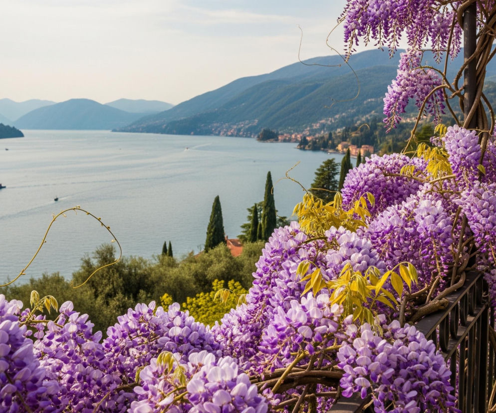 Po prawej stronie obrazu dominuje kwitnąca wisteria o intensywnie fioletowych kwiatach, zwisających w bujnych gronach z pnączy oplatających czarne metalowe słupy i balustradę, z kilkoma jasnozielonymi liśćmi. Kwiaty ciągną się wzdłuż betonowego chodnika, tworząc aleję. Po lewej stronie i w tle rozciąga się duży zbiornik wodny, otoczony stromymi, zielonymi zboczami gór, a na tafli wody widać kilka łodzi i falujące smugi. Na horyzoncie, za górami, widnieje błękitne niebo z delikatnymi białymi chmurami.