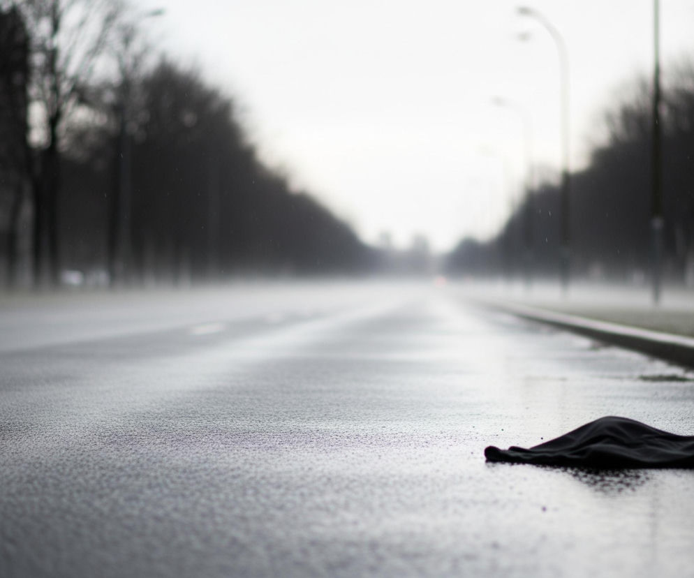 Na pierwszym planie, po prawej stronie jezdni, leży czarna, zwinięta tkanina, prawdopodobnie rękawiczka, na mokrej, ciemnej nawierzchni. Asfalt pokryty jest licznymi, drobnymi kroplami wody, odbijającymi światło. Po lewej stronie widoczna jest szersza część jezdni z białymi, przerywanymi liniami, rozciągająca się w głąb kadru.

Po prawej stronie drogi, równolegle do jezdni, biegnie szary krawężnik, za którym znajduje się pas trawy. W tle, po obu stronach drogi, rosną rzędy nagich drzew o ciemnych, rozmytych sylwetkach, tworzące aleję. Niebo jest jasne, zamglone, z delikatnym przejściem kolorów od bieli do jasnej szarości. W oddali, w centrum obrazu, widać rozmazane światła, a nad nimi słupy uliczne, z których jeden jest wyraźniej zarysowany po prawej stronie.