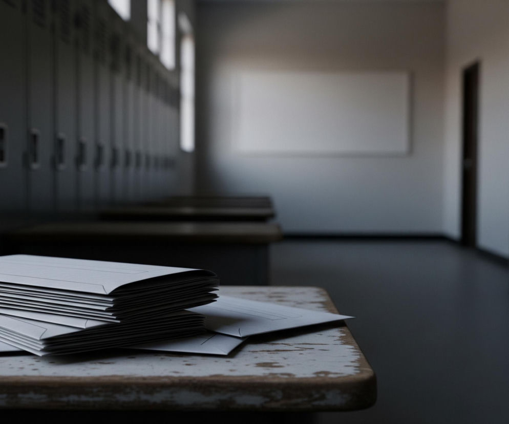 Na pierwszym planie, z lewej strony, na zniszczonej, jasnej ławce leżą ułożone w stosy białe koperty lub teczki, jedna część stosu jest lekko przechylona. Ławka ma widoczne przetarcia i zarysowania, szczególnie na krawędziach. W tle znajduje się długi korytarz z rzędami szarych szafek po obu stronach, z których lewy rząd jest bliżej i bardziej wyraźny. Na końcu korytarza, na jasnej ścianie, wisi prostokątna, biała tablica, a obok niej widać ciemne drzwi. Podłoga w korytarzu jest ciemnoszara.