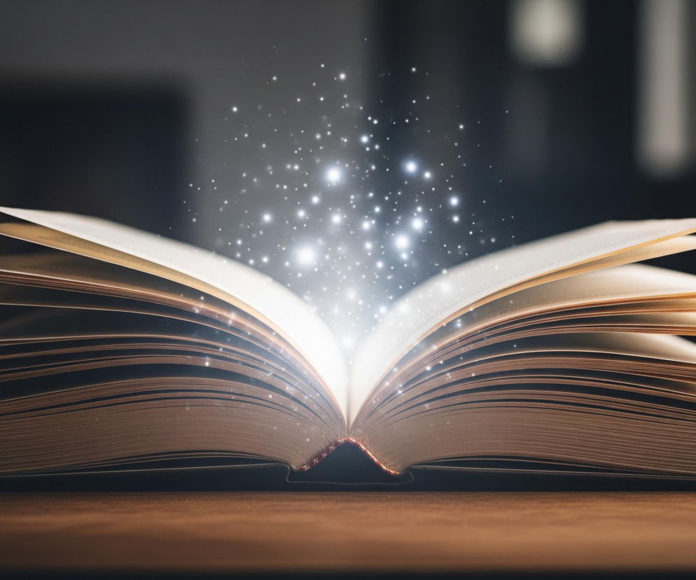 Otwarta książka z rozłożonymi kartkami leży na drewnianym blacie, jej grzbiet skierowany jest w stronę widza. Z centralnej części otwartych stron bije jasne białe światło, z którego unosi się mnóstwo lśniących, białych punkcików o różnej wielkości. Kremowe strony kontrastują z ciemnobrązową okładką i rozmyty, ciemnym tłem, a całość oświetla blask wydobywający się z książki.
