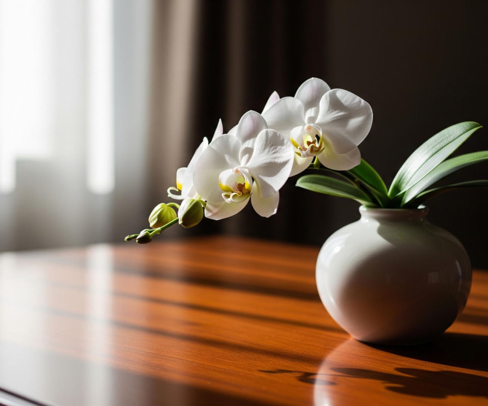 Białe orchidee z zielonymi pąkami i liśćmi znajdują się w okrągłej, białej wazie, ustawionej na błyszczącym, drewnianym stole w kolorze mahoniu. Światło padające z lewej strony tworzy wyraźne cienie na stole i delikatnie oświetla roślinę, podkreślając jej białe płatki z żółtymi i brązowymi akcentami w centrach kwiatów. Tło z lewej strony jest rozmyte, jasne i białe, prawdopodobnie przedstawia firanki, natomiast tło z prawej strony jest ciemnobrązowe, przechodzące w czerń.