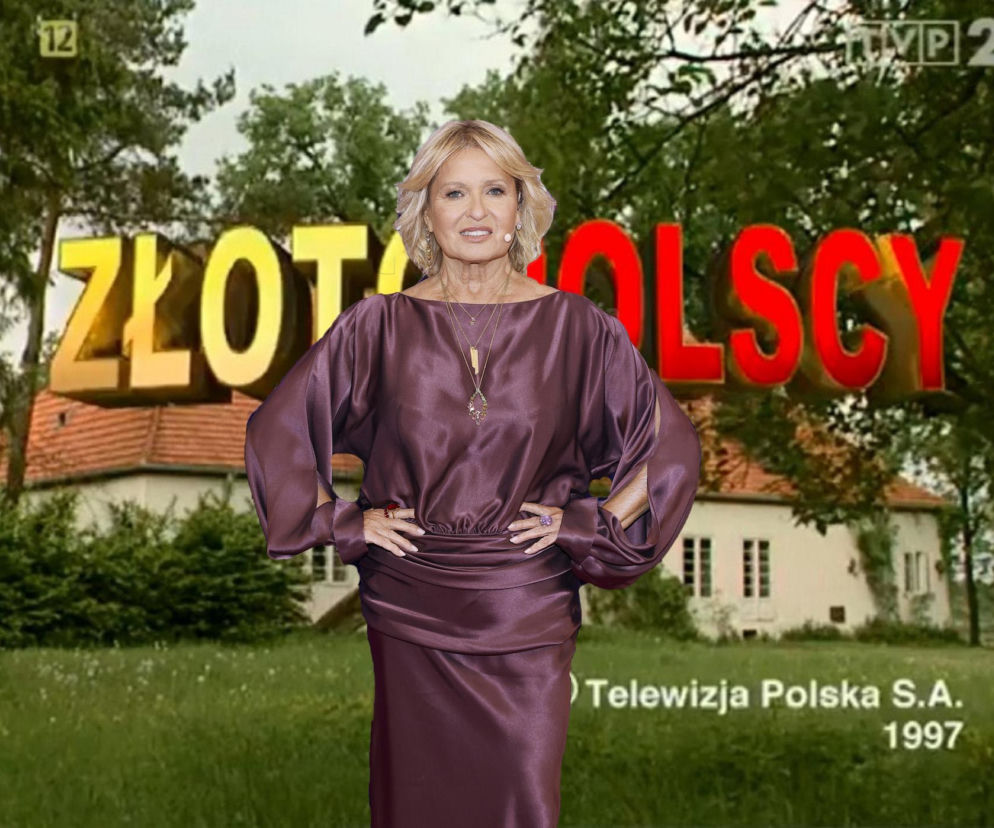 Aktorka Ewa Kasprzyk w ciemnofioletowej, eleganckiej sukni na tle komputerowo nałożonego logotypu serialu Złotopolscy i kultowego dworku. Obraz symbolizuje możliwy powrót serialu, o czym więcej przeczytasz na naszym portalu.