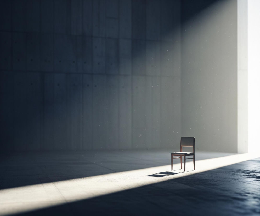 W centrum obrazu stoi pojedyncze, drewniane krzesło z ciemnym obiciem siedziska i oparcia, oświetlone ukośnym snopem jasnego światła. Światło to wpada przez pionową, szeroką szczelinę po prawej stronie kadru, rozciągając się po betonowej podłodze i tworząc cień krzesła, skierowany w lewo. Całe pomieszczenie sprawia wrażenie pustego, z surowymi betonowymi ścianami w odcieniach szarości, które w oddali stają się ciemniejsze. W powietrzu unoszą się drobne, jasne cząsteczki, widoczne w promieniach światła.