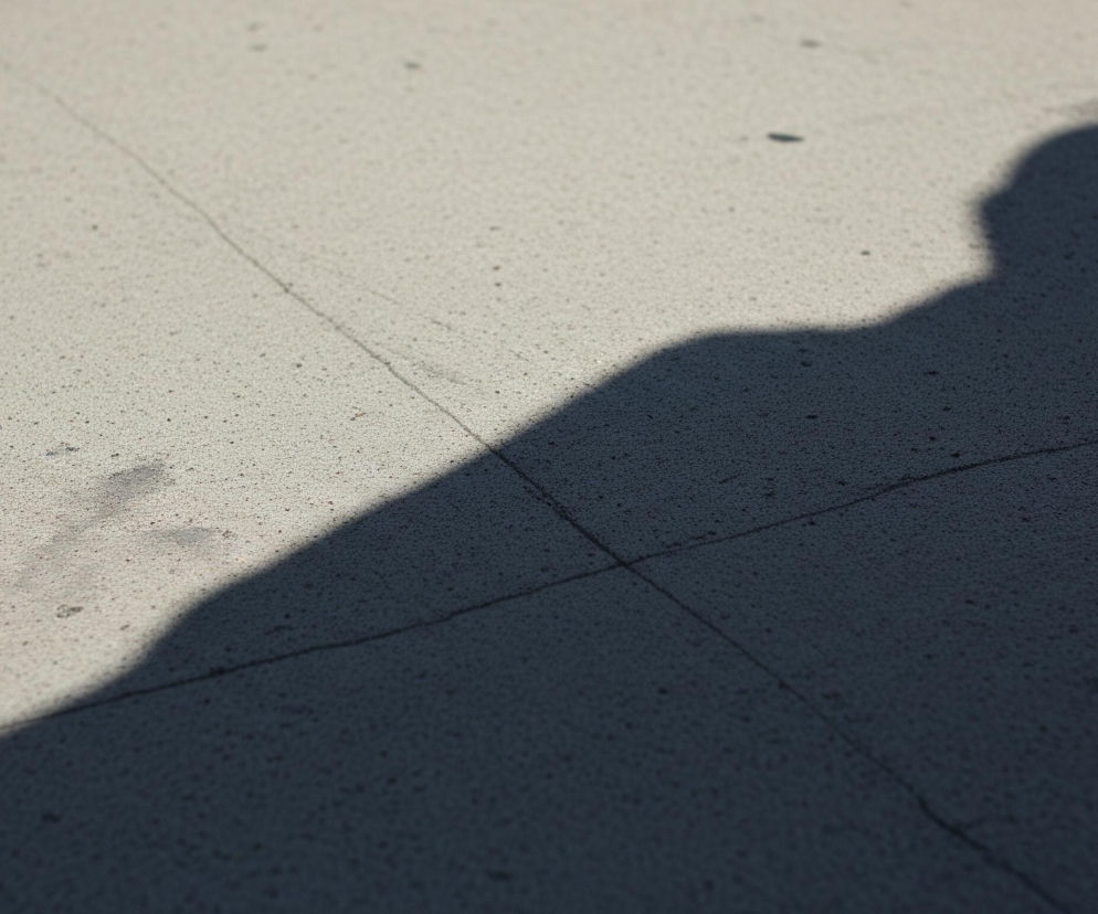 Cień osoby rzuca się na jasnoszary, drobnoziarnisty chodnik, dominując prawą dolną część kadru. Sylwetka cienia, o ciemnoniebieskoszarym zabarwieniu, ukazuje kształt głowy i ramion z wyraźnie zarysowanymi konturami. Na chodniku widoczne są subtelne linie, sugerujące łączenia płyt lub pęknięcia.